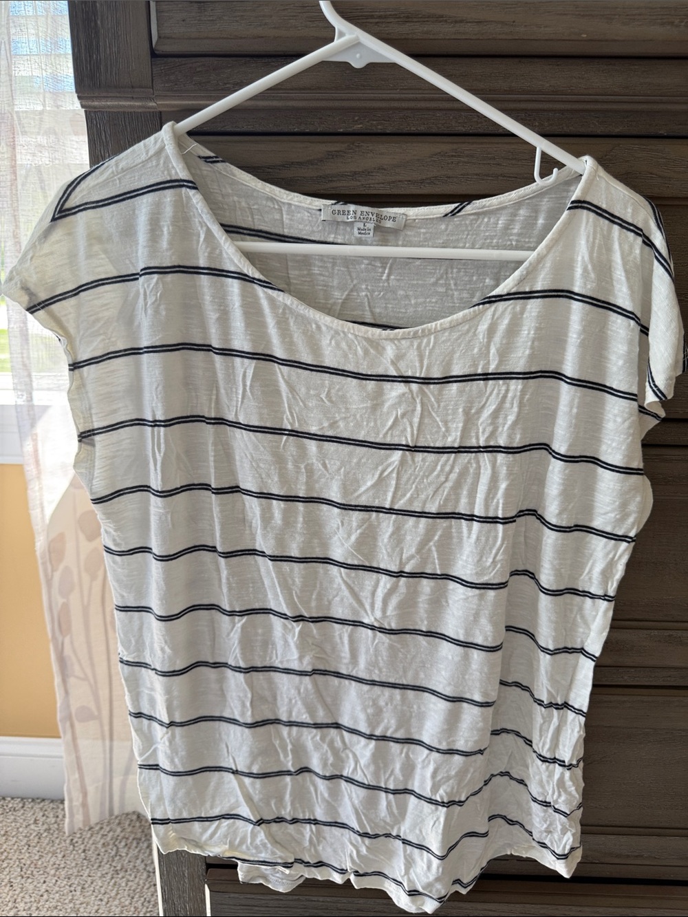 Green Envelope White Tee with Black Stripes